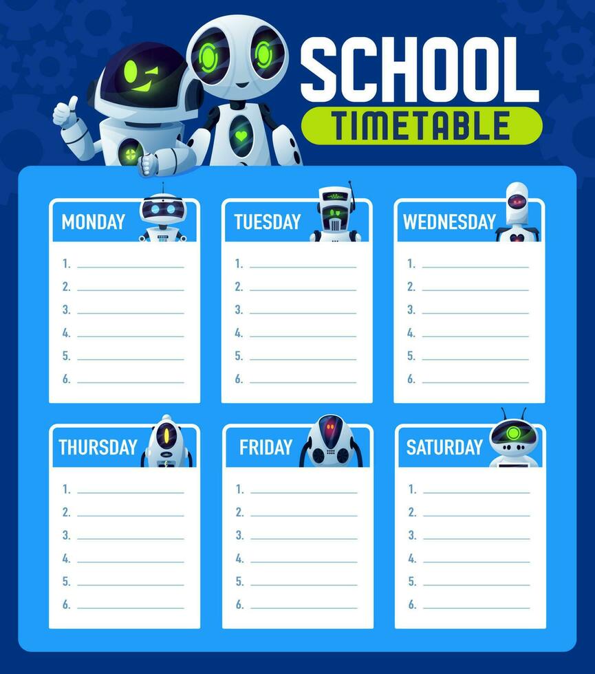 Schule Zeitplan mit Roboter Droiden, Woche Zeitplan vektor