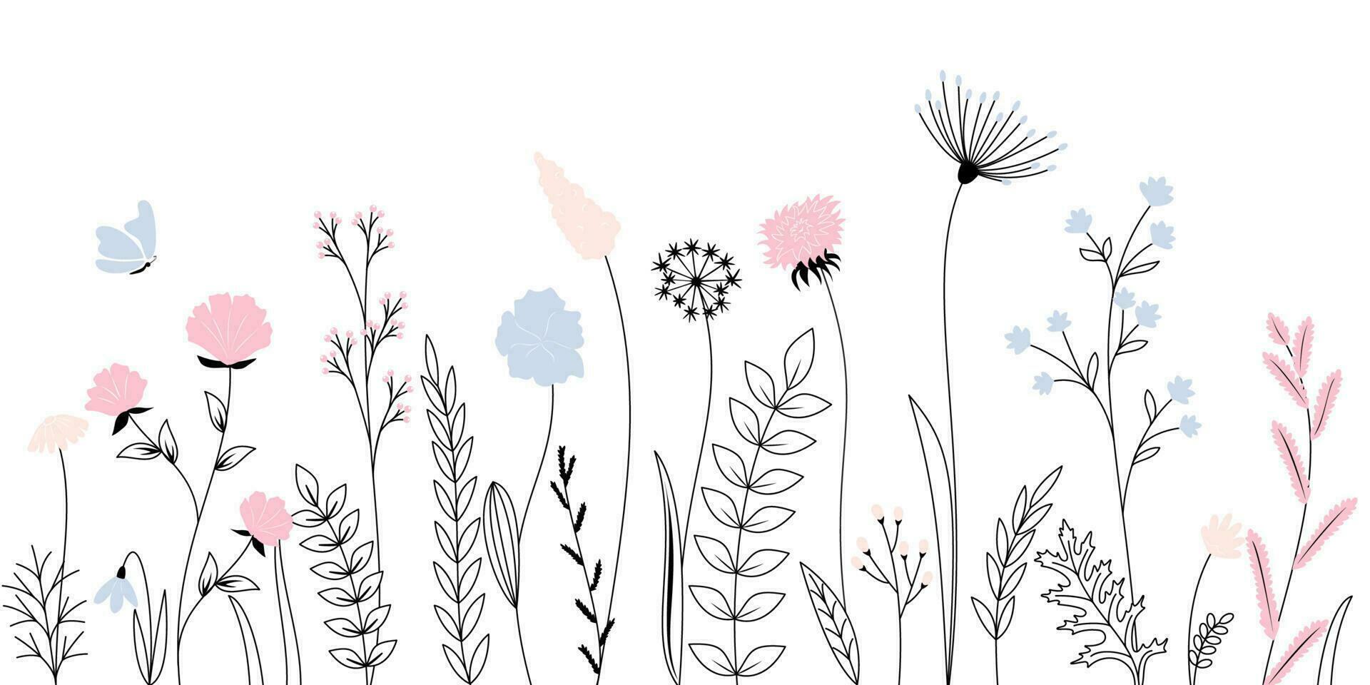vildblommor, örter, blommor, växter och fjärilar flygande. översikt stil full vektor illustration.
