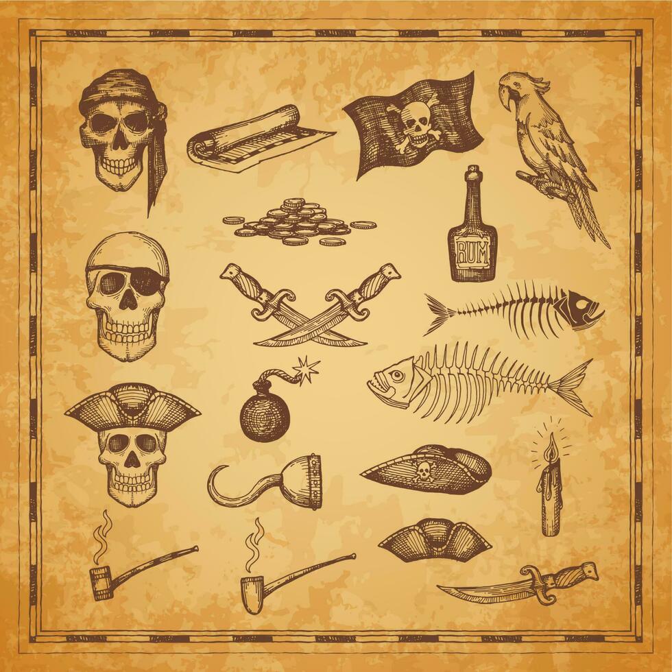 Pirat Karte und Flagge, Schädel, Dolch und Fisch Knochen vektor