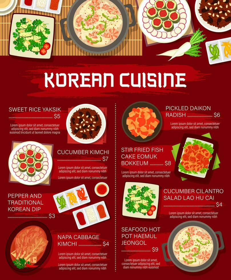 koreanska mat meny, korea kök restaurang maträtter vektor