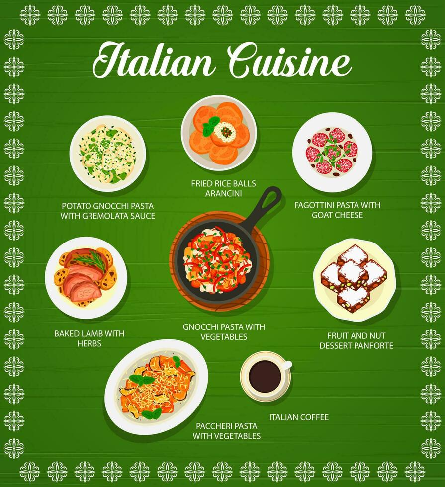 Italienisch Küche Speisekarte, Pasta, Gemüse und Fleisch vektor