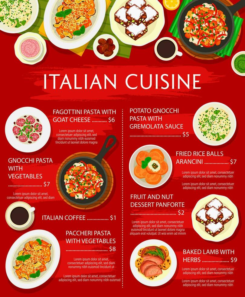 Italienisch Küche Essen Speisekarte, Pasta, Fleisch, Gemüse vektor