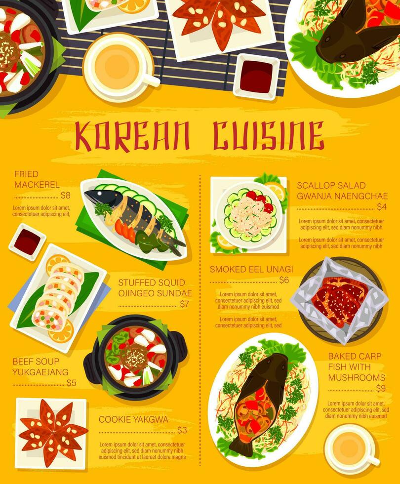 koreanska kök meny, restaurang lunch mat affisch vektor
