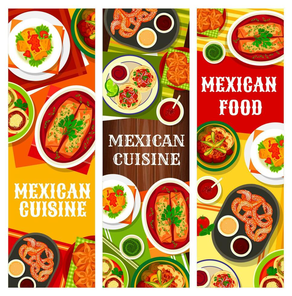 mexikansk kök mat banderoller, mexico maträtter meny vektor