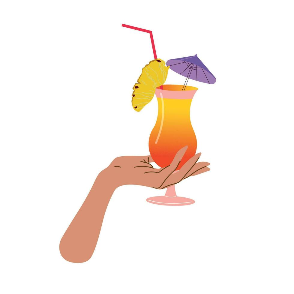 Hand hält ein Glas mit ein erfrischend Sommer- Cocktail. Sommer- Aperitif, alkoholisch trinken. Vektor Illustration isoliert auf Weiß Hintergrund.