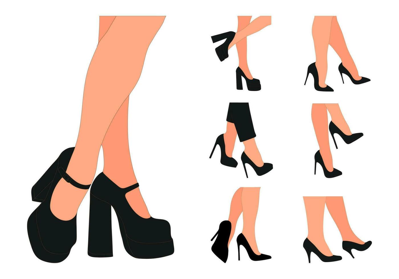 schlank, jung weiblich Beine im ein Pose. Schuhe Stilettos, hoch Fersen. gehen, Stehen, Betrieb, Springen, tanzen. Frauen Schuh Modell- vektor