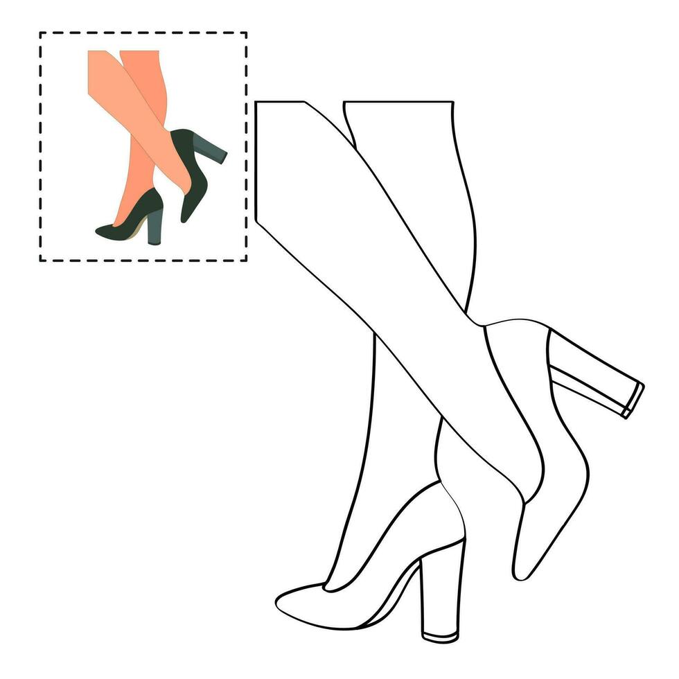 Kinder- Färbung Buch zum Mädchen. weiblich Beine im ein Pose. Schuhe Stilettos, hoch Absätze vektor