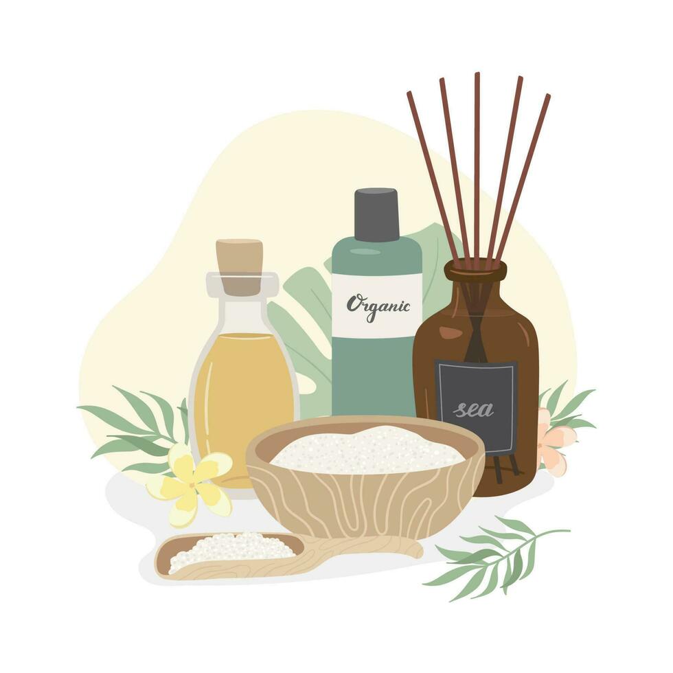 natürlich Schönheit Produkte mit tropisch Blätter auf Weiß Hintergrund. Aroma Diffusor, Meer Salz, wesentlich Öl, Lotion. Konzept von einfach Hautpflege, Körperpflege, Aromatherapie und Spa Illustration, Anzeige Banner vektor