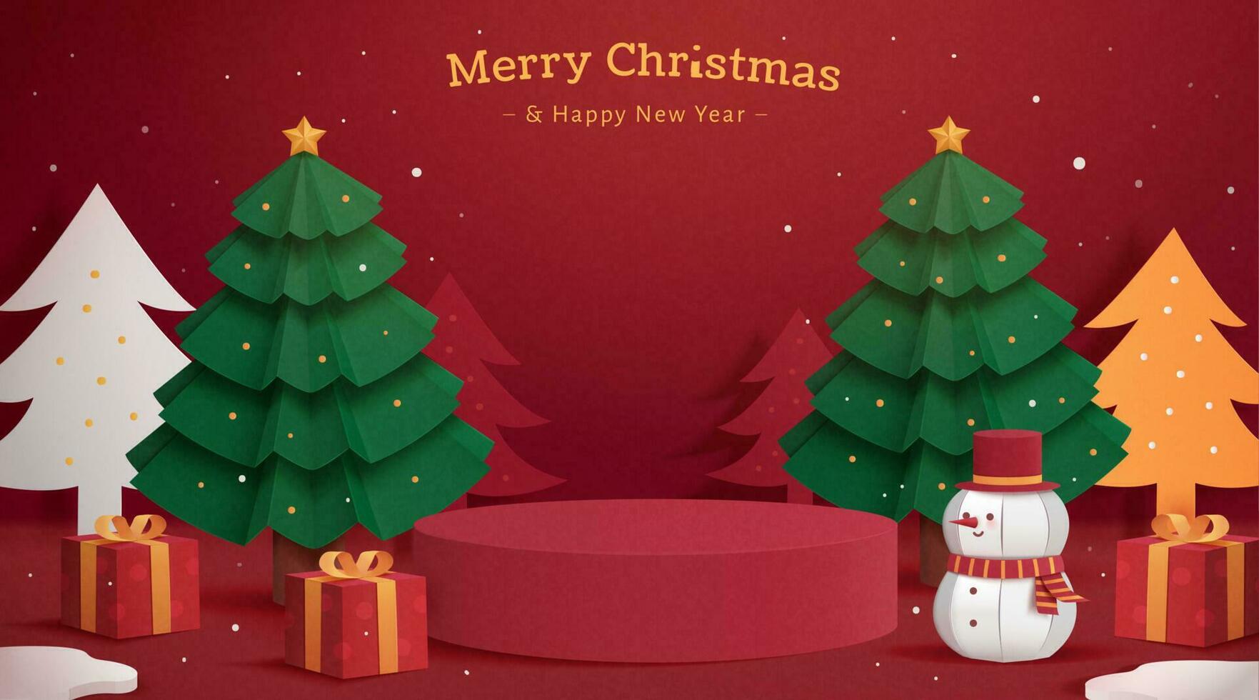 Papier Schnitt Kunst Stil Illustration von das rot Bühne auf ein xams Hintergrund. ein zylindrisch Bühne mit Geschenke, Schneemann und Weihnachten Bäume auf dunkel rot Hintergrund vektor