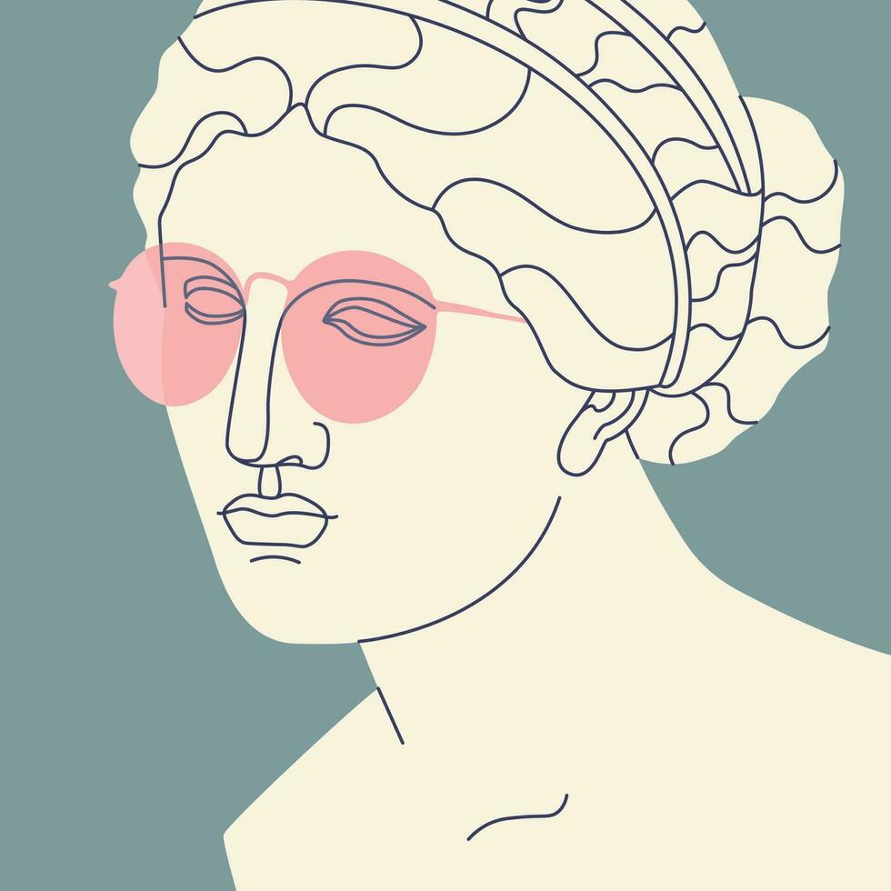 Fragment von ein uralt griechisch Statue von ein Frau im Rosa Sonnenbrille. Antiquität Skulptur mit modern Elemente. Vektor modisch Illustration.