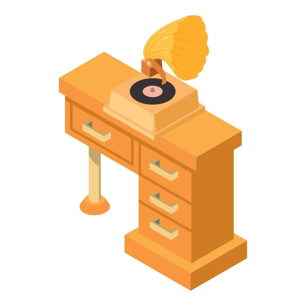 retro grammofon ikon isometrisk vektor. årgång musik grammofon på trä- tabell vektor