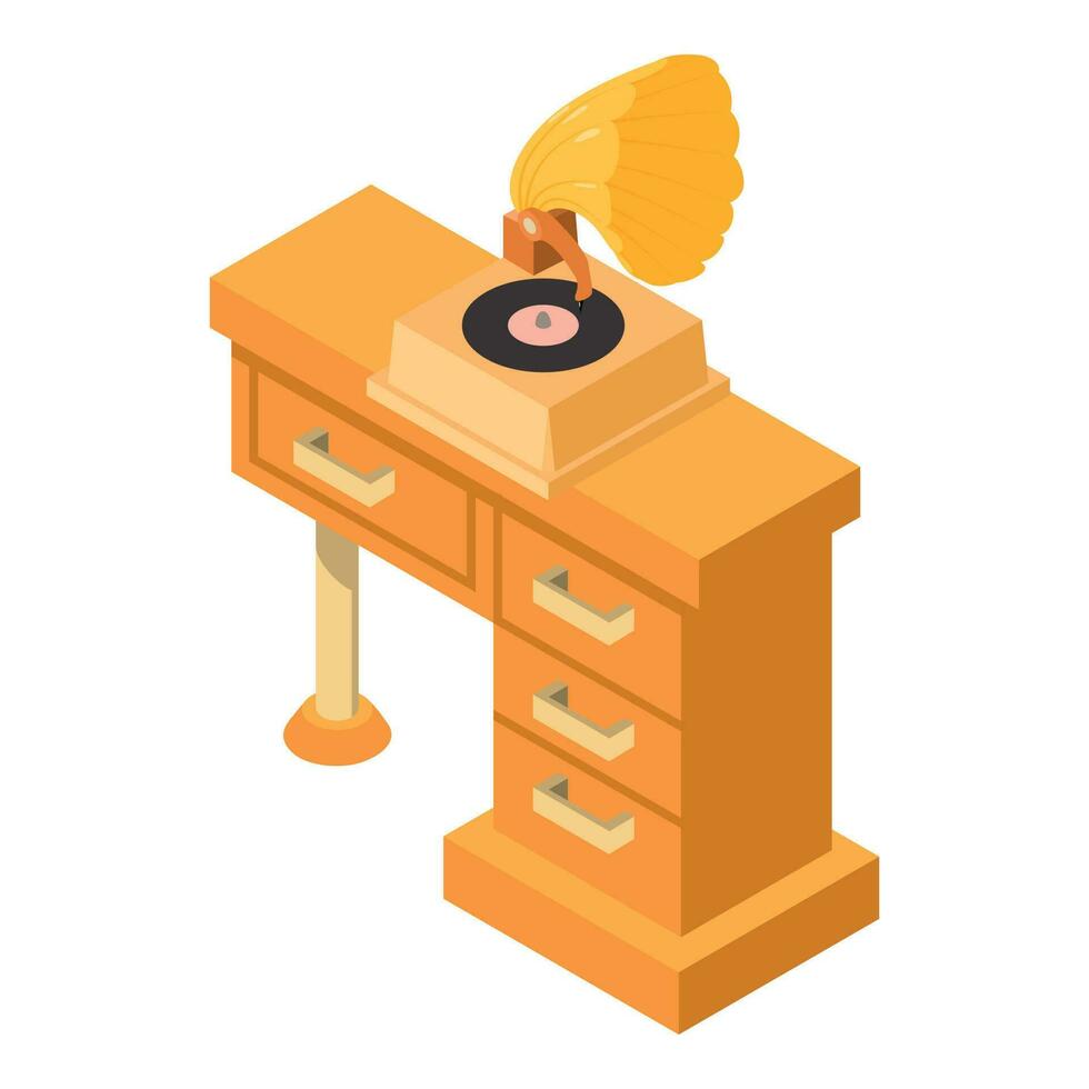 retro Grammophon Symbol isometrisch Vektor. Jahrgang Musik- Grammophon auf hölzern Tabelle vektor