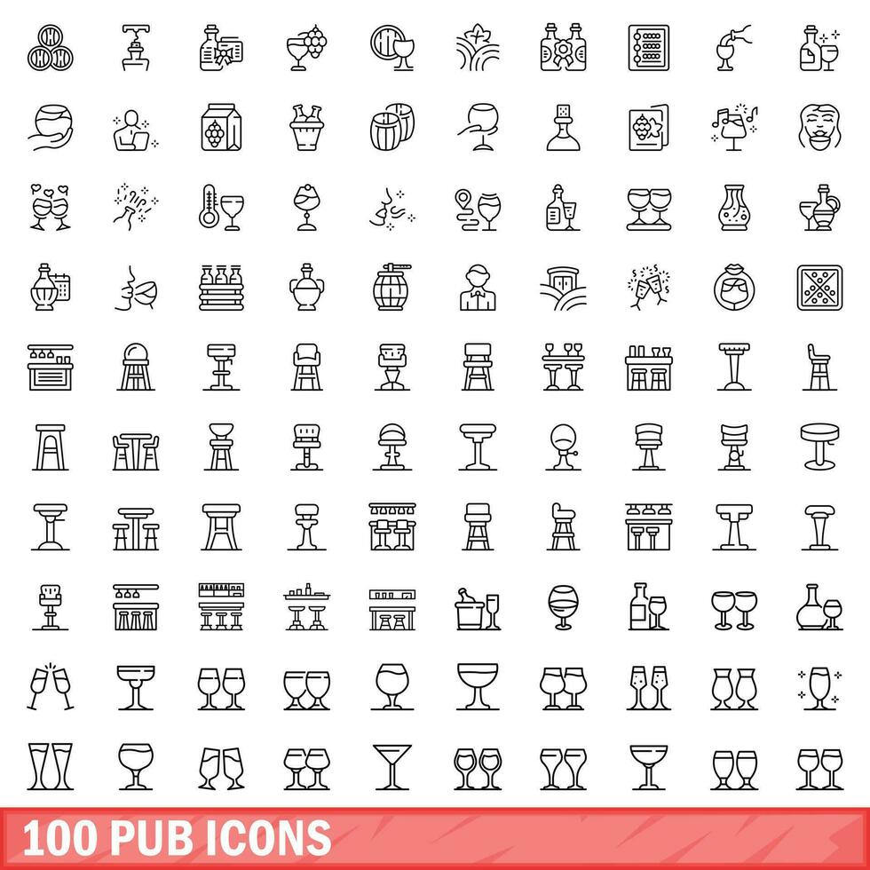 100 pub ikoner uppsättning, översikt stil vektor