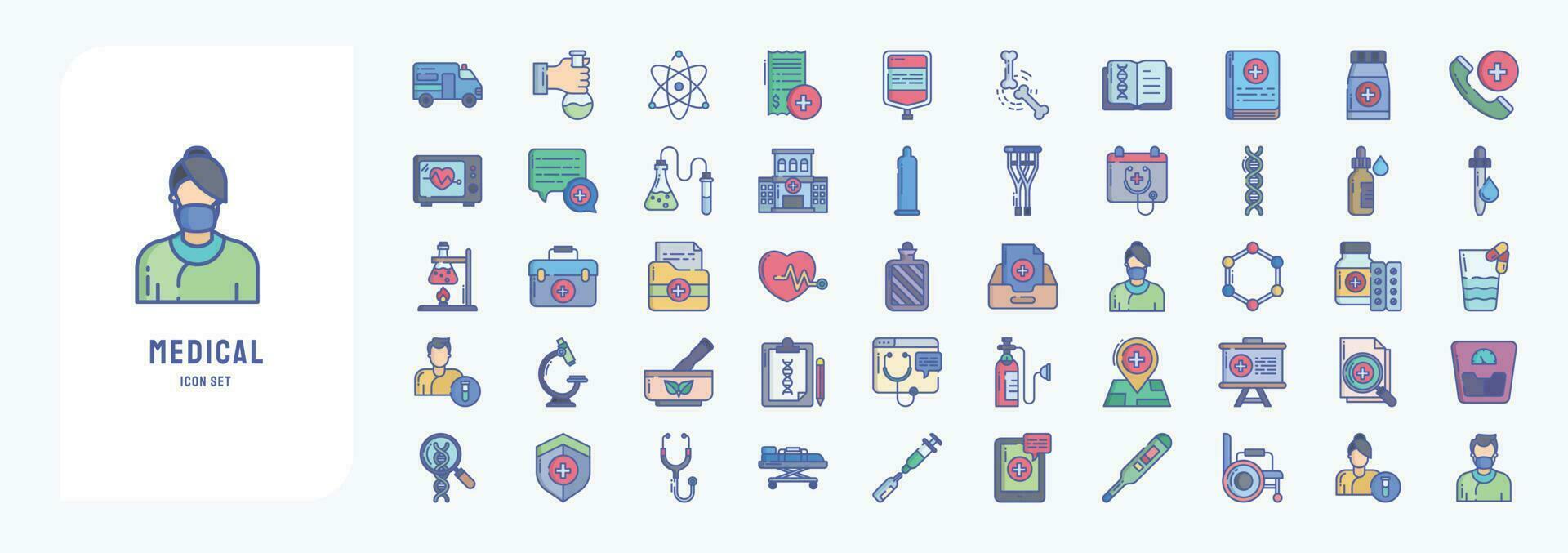 medicinsk och sjukhus, Inklusive ikoner tycka om ambulans, atom, blod, ben och Mer vektor