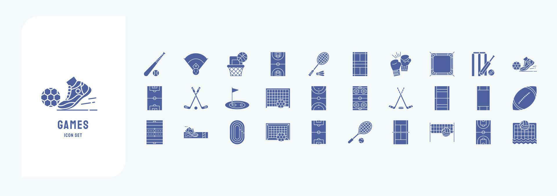 Sammlung von Symbole verbunden zu Stadien und Spiele, einschließlich Symbole mögen Baseball Spiel, Basketball, Boxen, Kricket und Mehr vektor