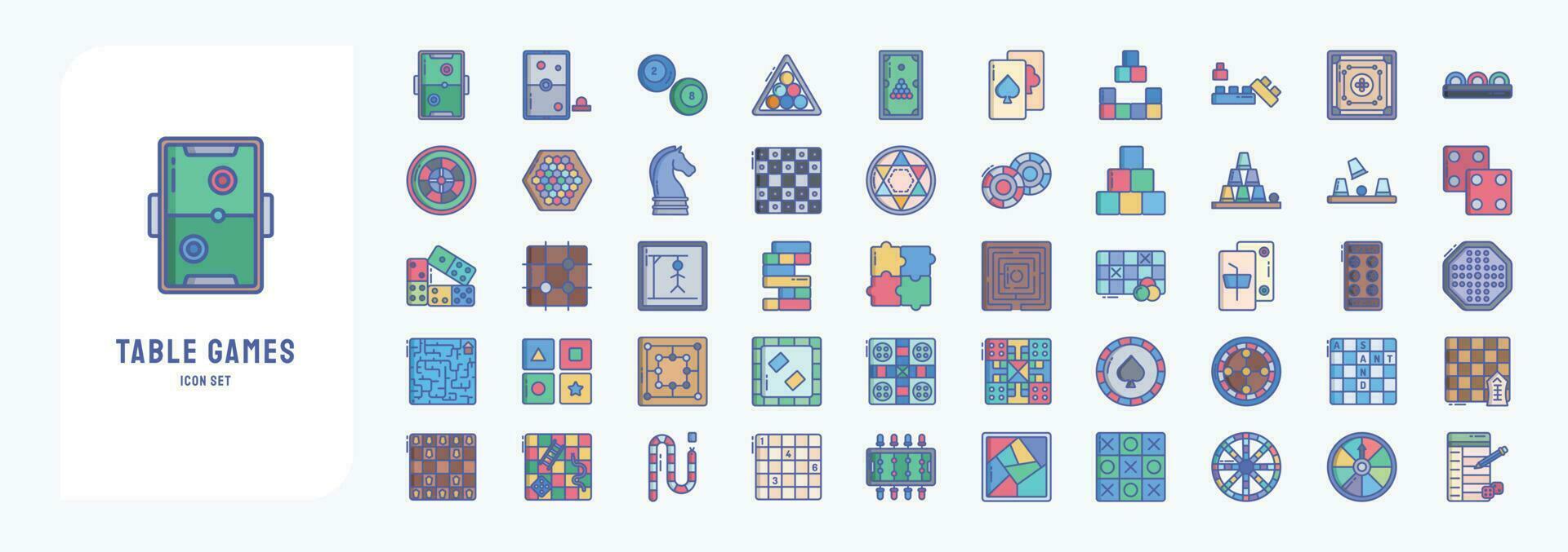 Sammlung von Symbole verbunden zu Tabelle Spiele, einschließlich Symbole mögen Luft hokey, Schach, Kasino Chips, und Mehr vektor