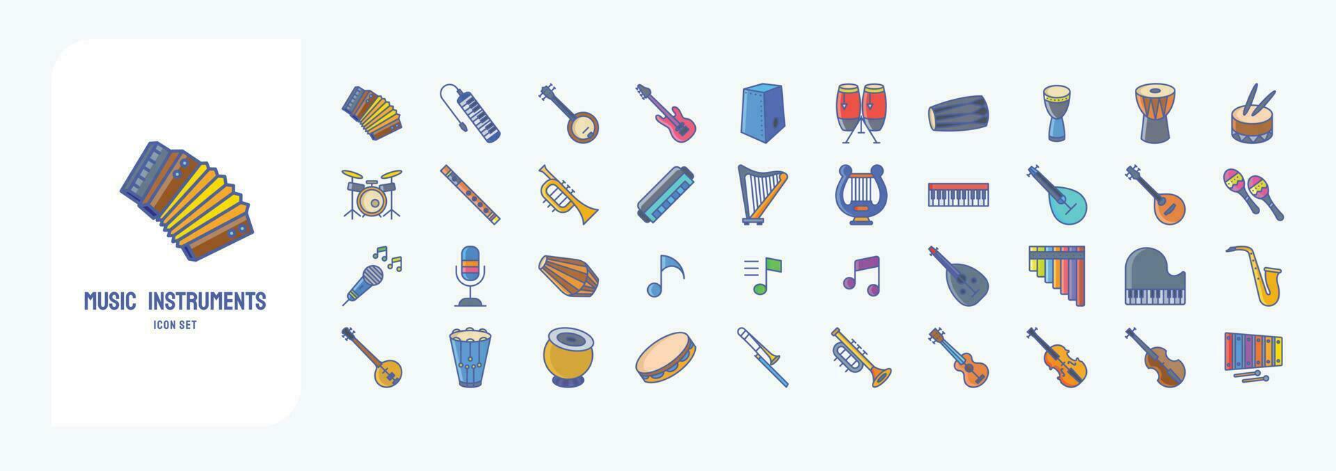 Musik- Instrumente, einschließlich Symbole mögen Akkordeon, Banjo, Bass Gitarre, Conga und Mehr vektor