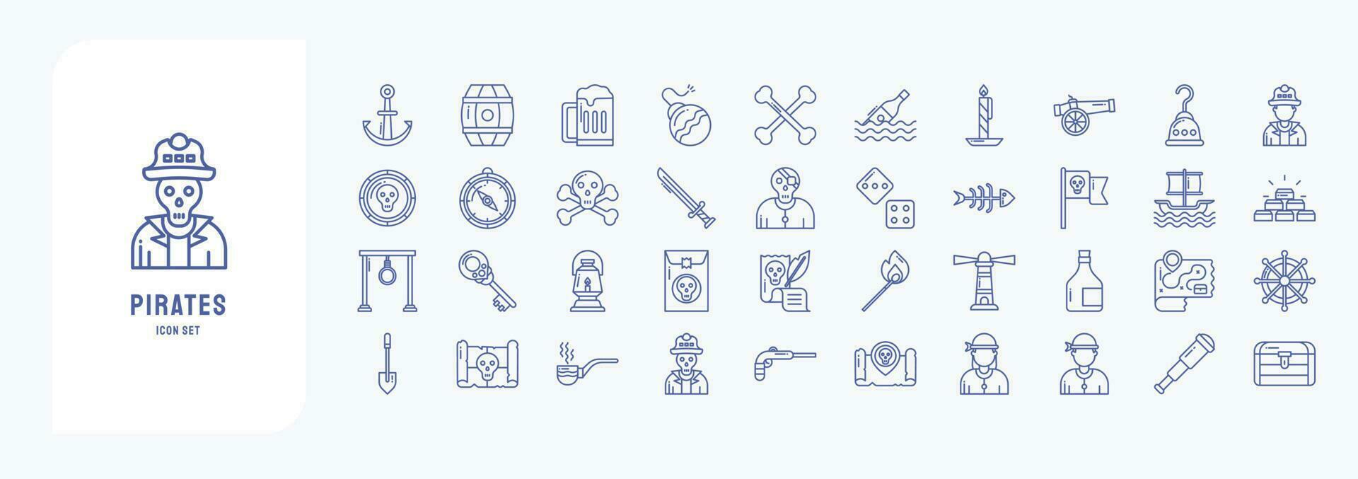samling av ikoner relaterad till pirater, Inklusive ikoner tycka om ankare, tunna, öl, bomba och Mer vektor