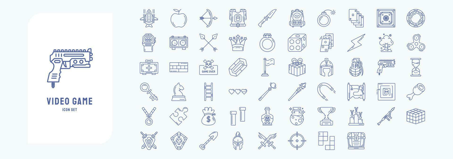Sammlung von Symbole verbunden zu Video Spiel Elemente, einschließlich Symbole mögen Flugzeug, Rüstung, Krone, Würfel und Mehr vektor