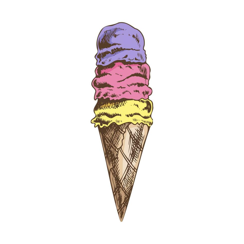 ein handgemalt farbig skizzieren von ein Waffel Kegel Eis Creme. Jahrgang Illustration. Element zum das Design von Etiketten, Verpackung und Postkarten. vektor