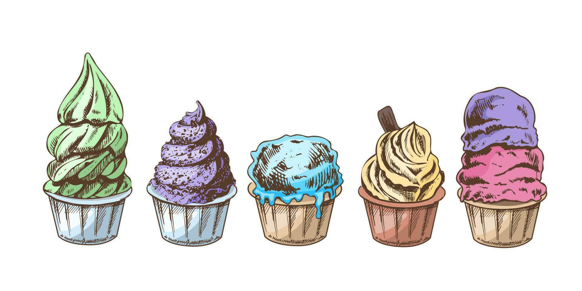 en ritad för hand färgad skiss av is grädde bollar, frysta yoghurt eller muffins i koppar. uppsättning. årgång illustration. element för de design av etiketter, förpackning och vykort. vektor