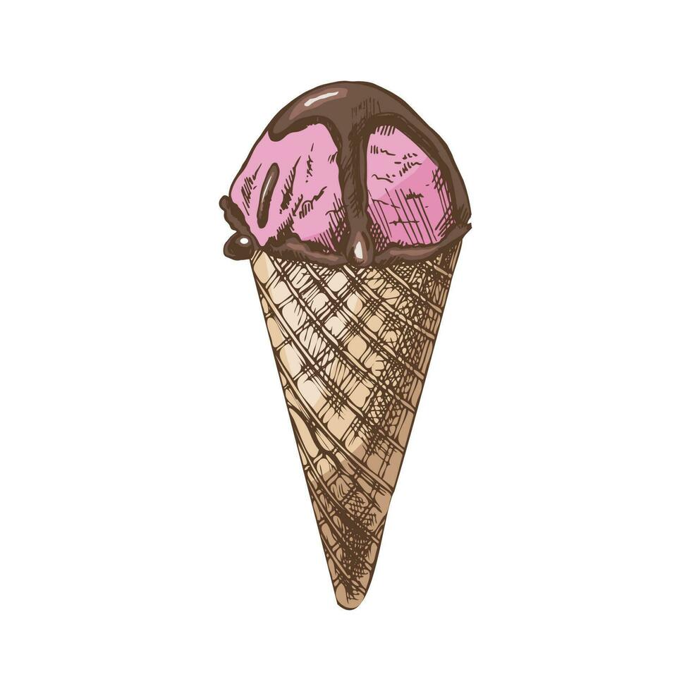 ein handgemalt farbig skizzieren von ein Waffel Kegel Eis Creme. Jahrgang Illustration. Element zum das Design von Etiketten, Verpackung und Postkarten. vektor