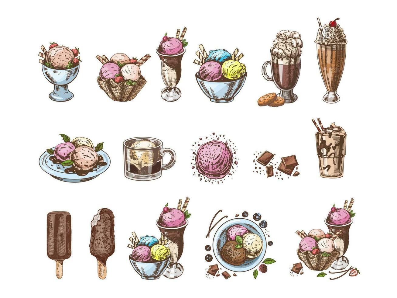 stor ritad för hand färgad skiss av is grädde eller frysta yoghurt, milkshakes, is grädde på en pinne, cupcakes, småkakor. årgång illustration. uppsättning. element för de design av etiketter, förpackning och vykort. vektor