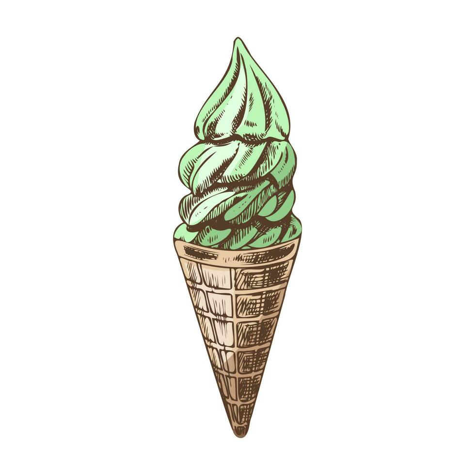 en ritad för hand färgad skiss av en våffla kon med frysta yoghurt eller mjuk is grädde. årgång illustration. element för de design av etiketter, förpackning och vykort. vektor