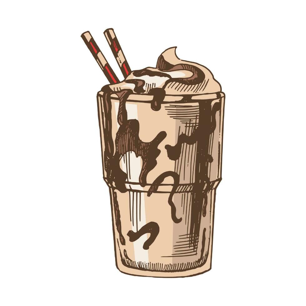 en ritad för hand färgad skiss av glas av choklad milkshake. årgång, klotter illustration. element för de design av etiketter, förpackning och vykort. vektor