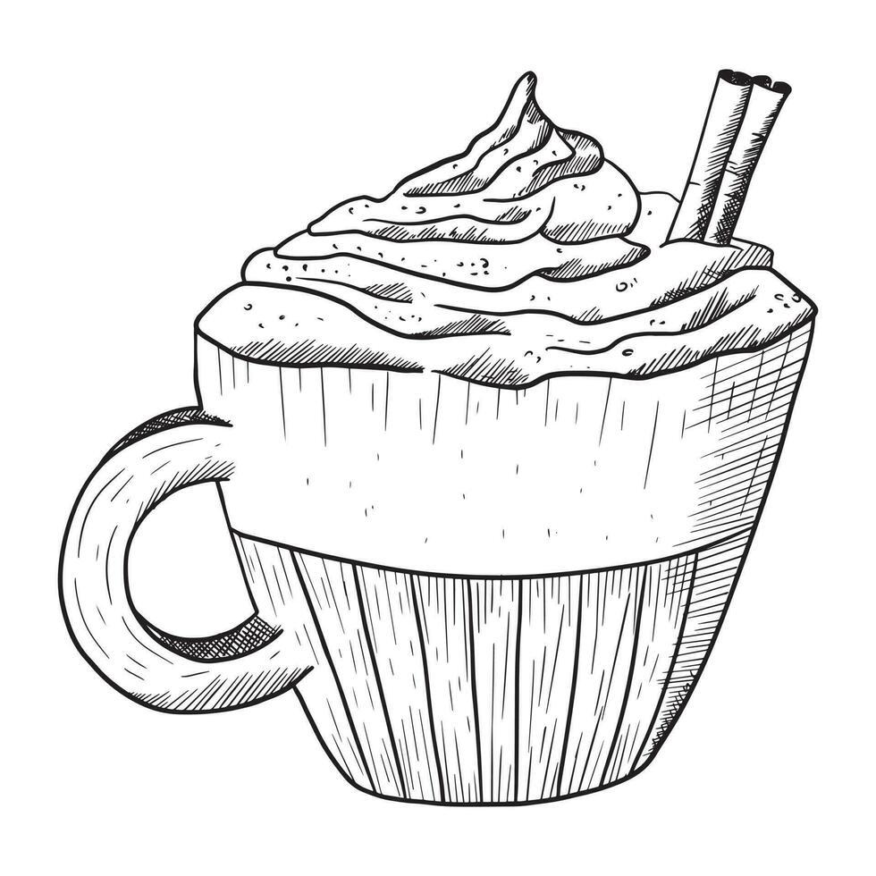 en kopp av kaffe latte eller cappuccino med grädde och en kanel pinne. isolerat vektor skiss illustration.