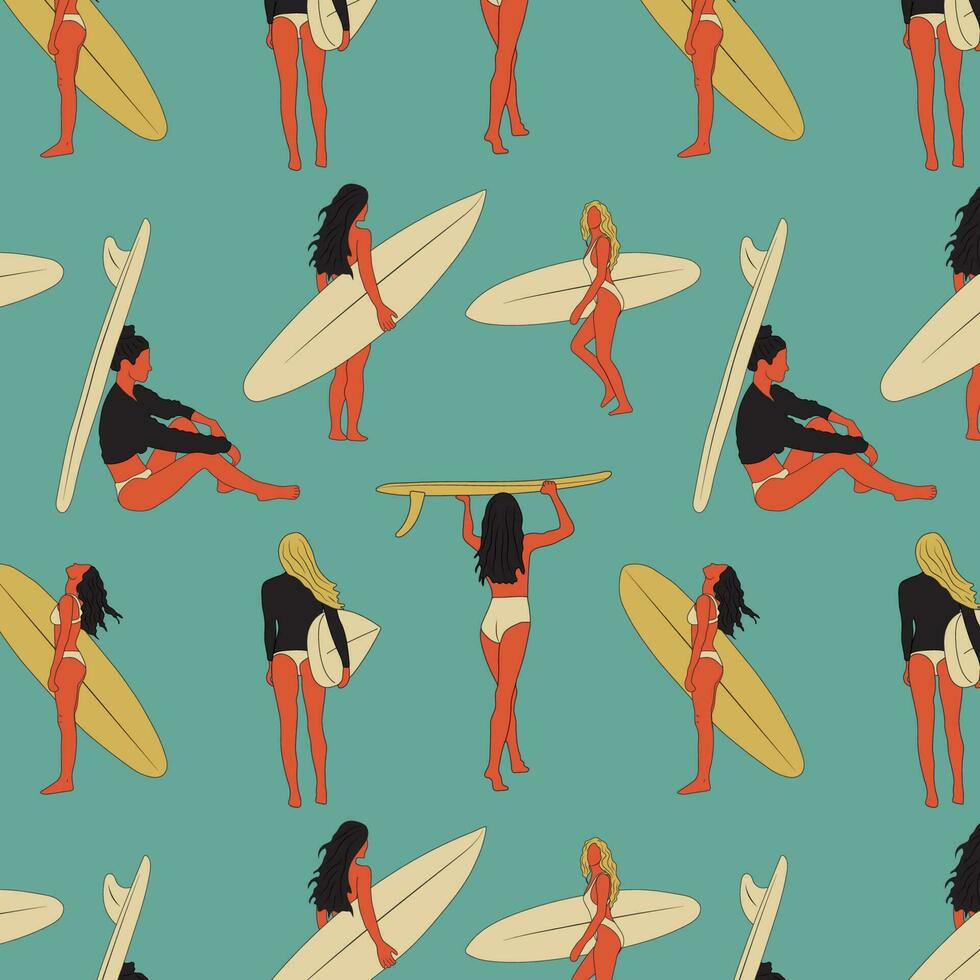 sömlös mönster med surfa flickor minimalistisk vektor illustration. platt stil digital konst. ung kvinna med surfingbräda i full tillväxt