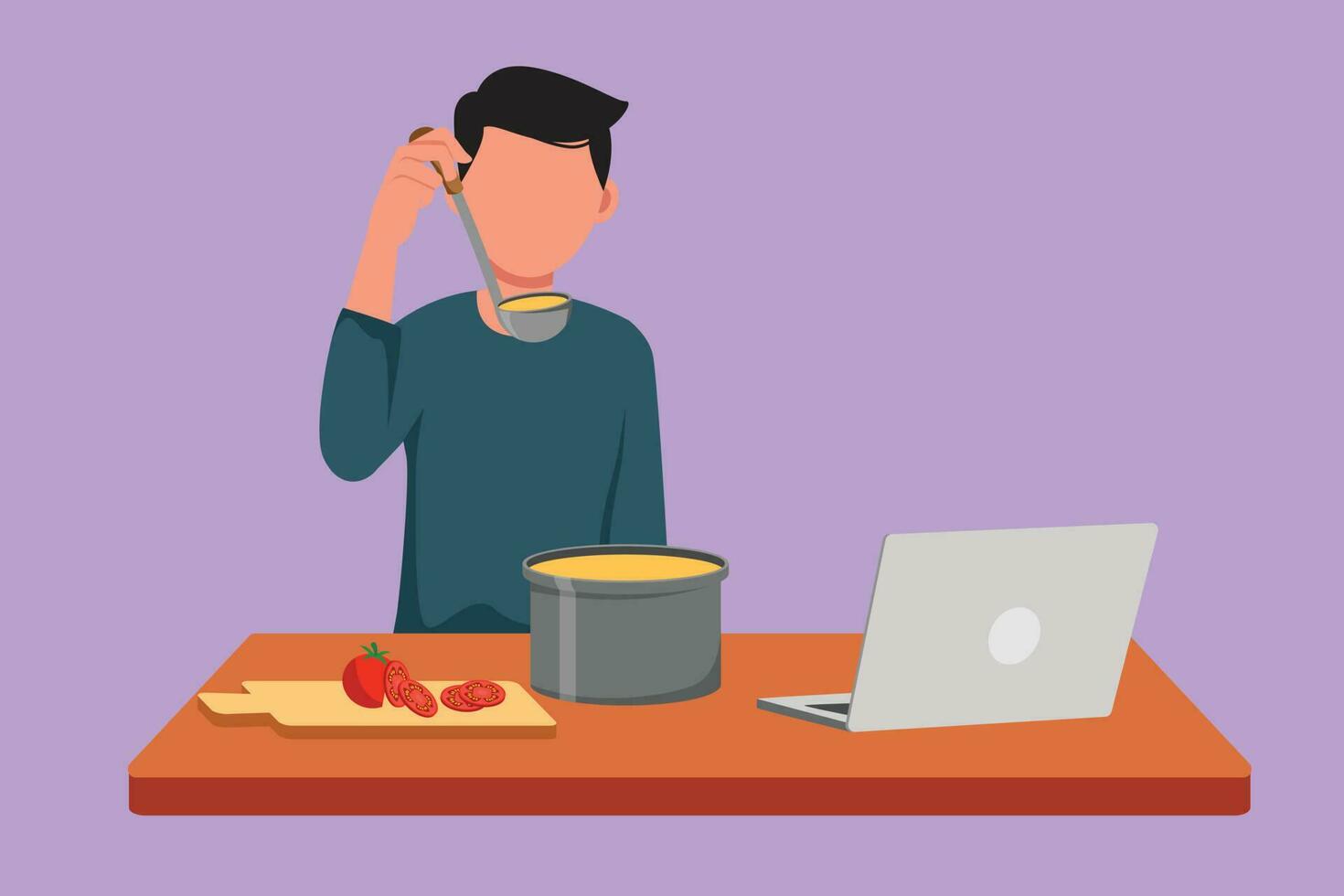 Grafik eben Design Zeichnung jung Mann Mischen Tomate Soße, Verkostung, und genießen Mahlzeit mit hölzern Spatel. bereiten Essen beim gemütlich Küche während Uhr Lernprogramm auf Laptop. Karikatur Stil Vektor Illustration