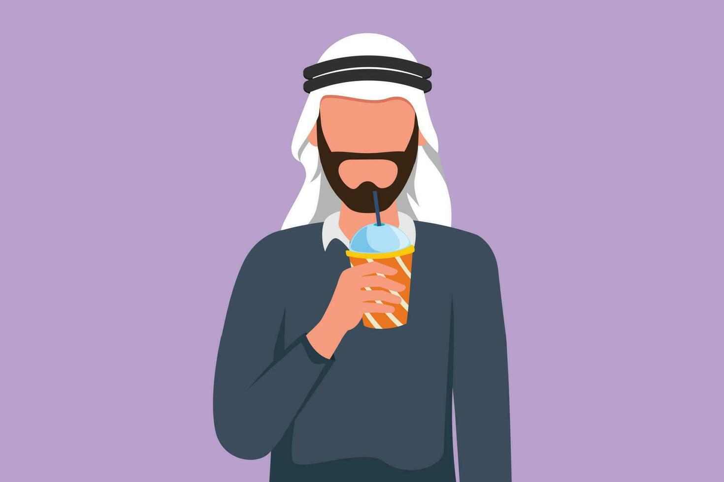 Charakter eben Zeichnung Porträt von arabisch Mann halten Plastik Tasse und trinken Orange Saft im heiß Sommer. beschäftigt Zeit beim Büro Stunde. gesund männlich fühlt sich durstig beim arbeiten. Karikatur Design Vektor Illustration