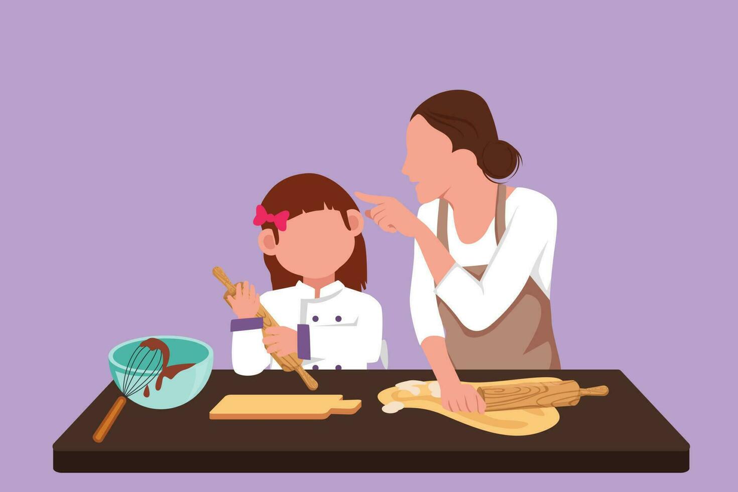 Karikatur eben Stil Zeichnung glücklich Mutter und Tochter tragen Schürze Koch im Küche. Mama und ihr wenig Mädchen genießen kneten Kuchen Teig oder Bäckerei zusammen beim heim. Grafik Design Vektor Illustration