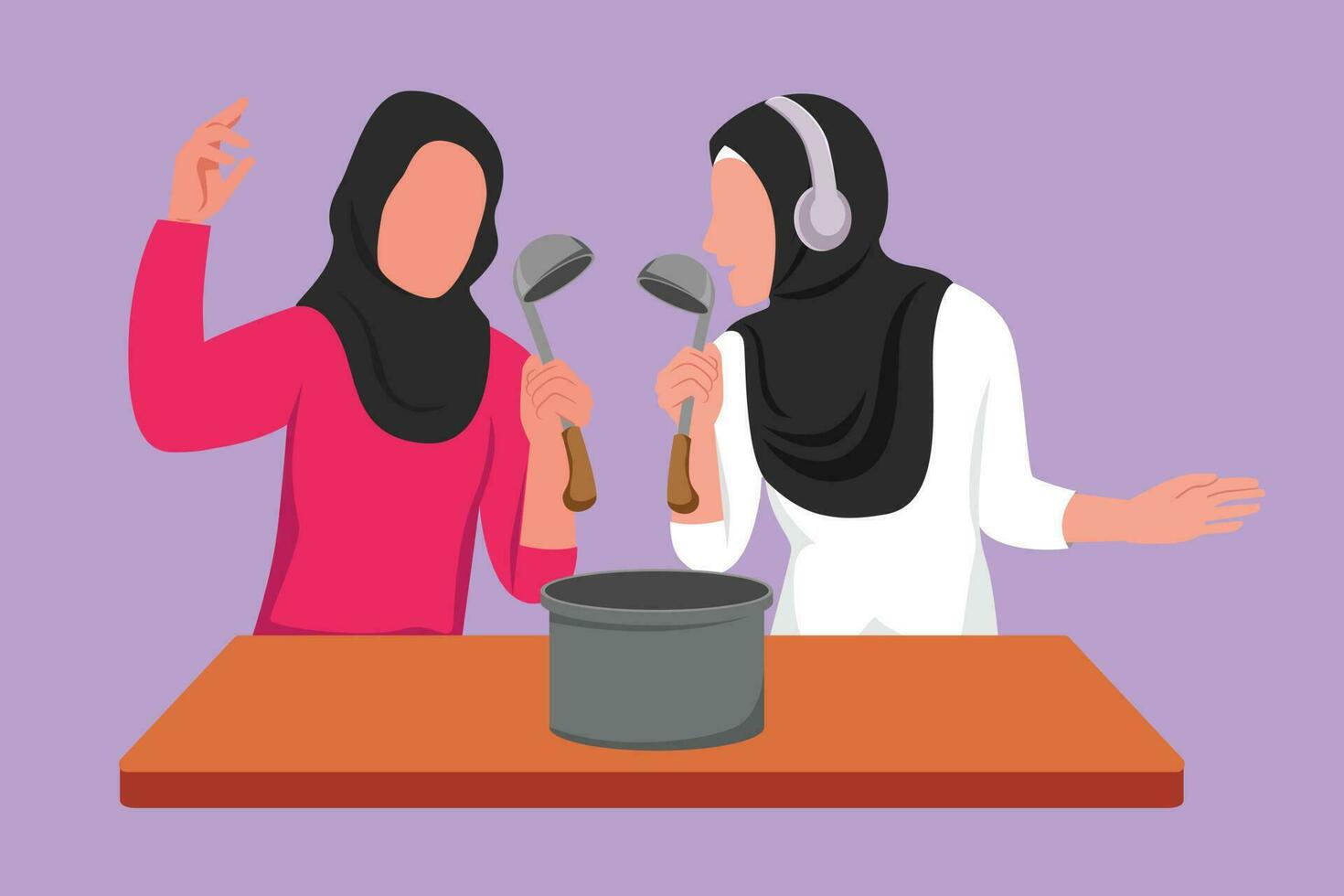 Karikatur eben Stil Zeichnung zwei arabisch freunde Kochen Essen zum Abendessen zusammen und singen mit Spatel wie Mikrofon. freunde Tanzen und haben Spaß im gemütlich Küche. Grafik Design Vektor Illustration