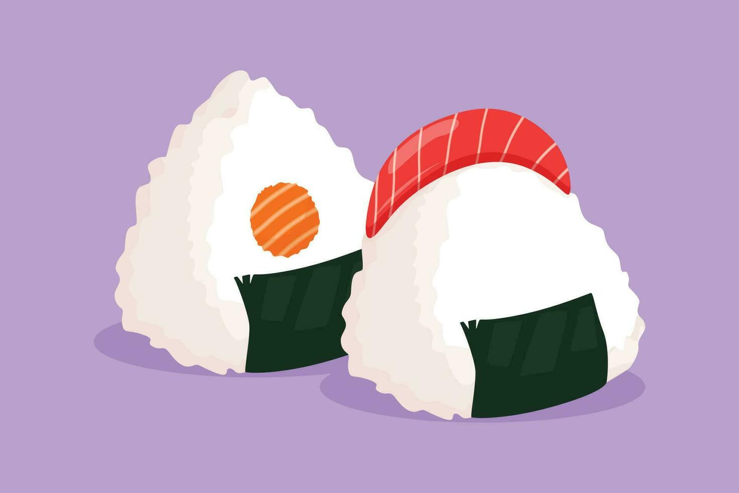 Charakter eben Zeichnung stilisiert japanisch Onigiri Logo Etikett, Flyer, Aufkleber, Symbol. Emblem Meeresfrüchte Sushi Restaurant Konzept zum Cafe, Geschäft oder Essen Lieferung Service. Karikatur Design Vektor Illustration