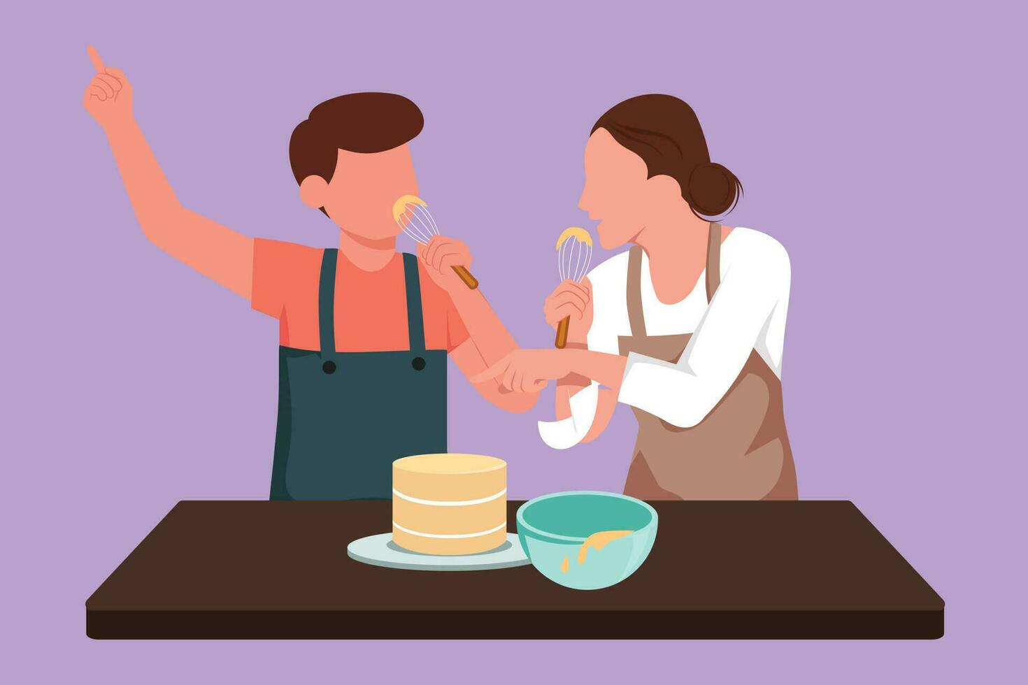 Karikatur eben Stil Zeichnung glücklich romantisch Paar Singen während Kochen Süss Kuchen zusammen, mit Spatel wie Mikrofone. heiter Mann und Frau Arbeiten beim Küche. Grafik Design Vektor Illustration