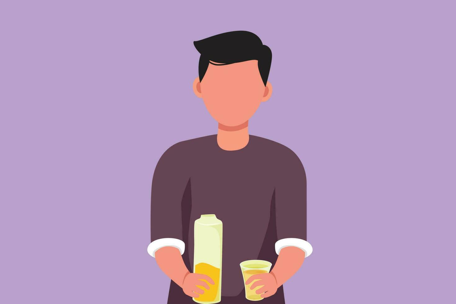 Grafik eben Design Zeichnung Porträt von Mann halten Flasche von Orange Saft im einer Hand und Glas im andere Hand während haben Frühstück im Morgen. männlich fühlt sich durstig. Karikatur Stil Vektor Illustration