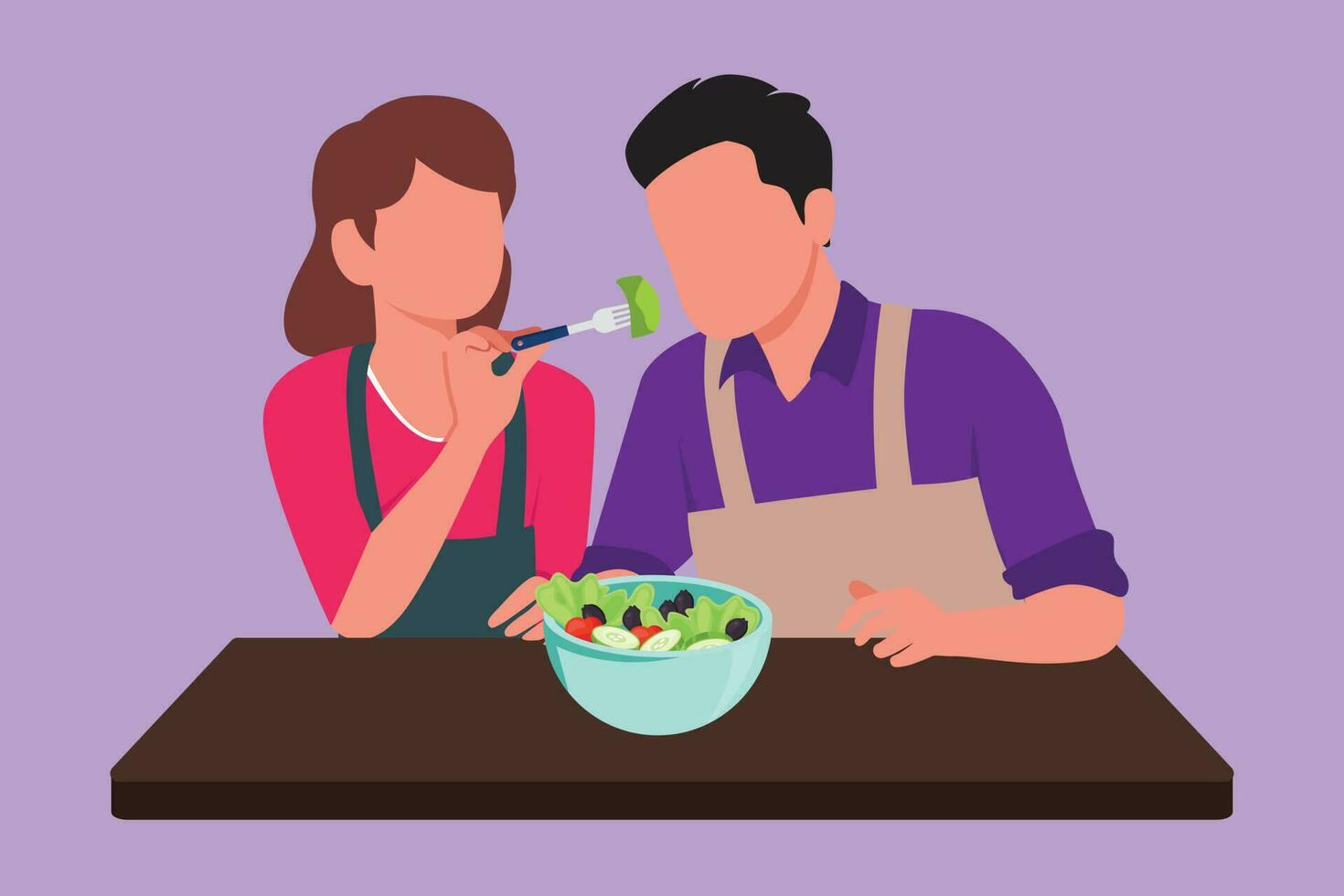 Karikatur eben Stil Zeichnung schön Ehefrau Futter ihr Mann Essen und im Vorderseite von ihm ist Schüssel gefüllt mit Salat. glücklich Paar Kochen zusammen im gemütlich Küche beim heim. Grafik Design Vektor Illustration