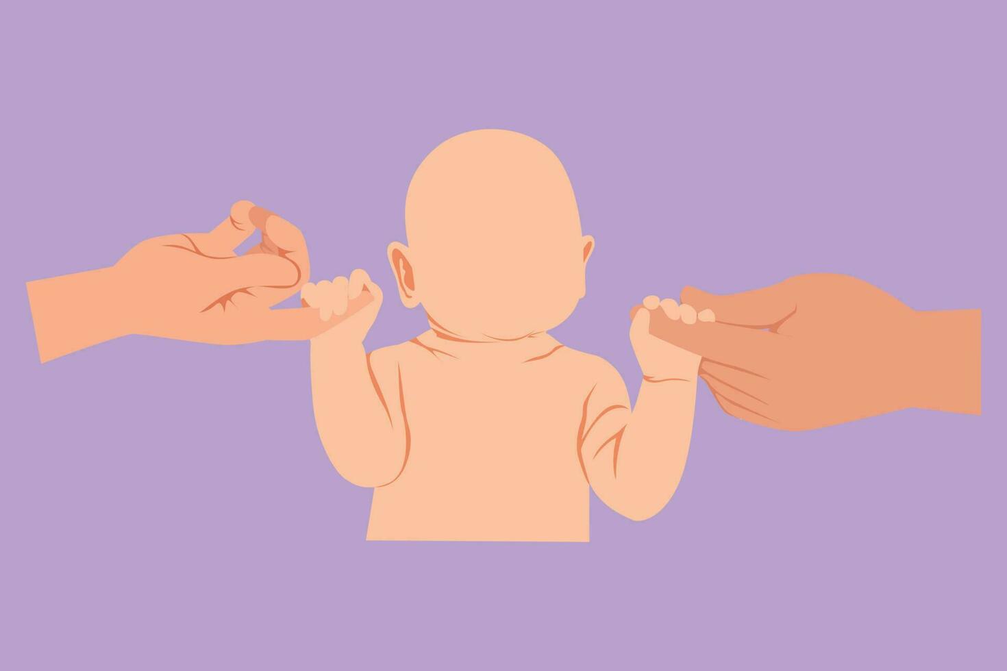 karaktär platt teckning skön bebis flicka innehav föräldrar händer. förtjusande mycket liten nyfödd spädbarn och förälder händer. förälder med deras bebis. Lycklig familj med nyfödd. tecknad serie design vektor illustration