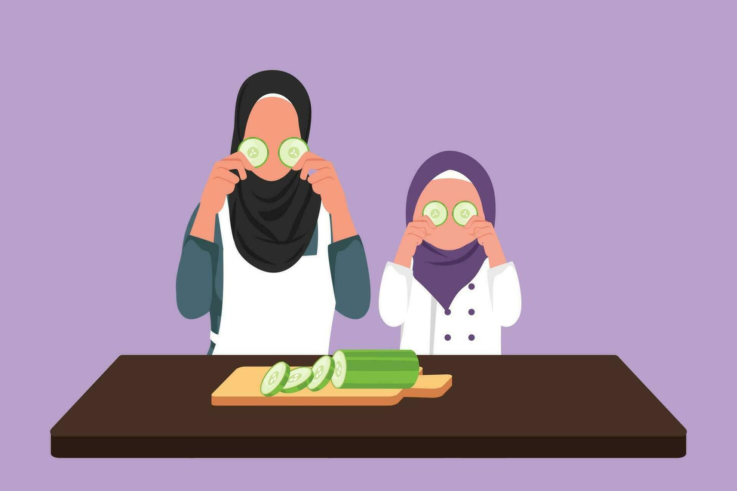 karaktär platt teckning arab liten flicka och henne skön mamma är innehav skivor av gurka och leende medan matlagning i kök på Hem. Lycklig mor och dotter. tecknad serie design vektor illustration