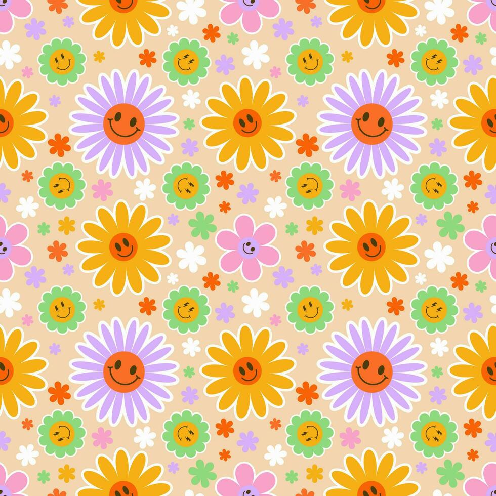 groovig Blume nahtlos Muster. y2k Blumen- Lächeln Hintergrund. Karikatur retro Gänseblümchen drucken mit komisch Gesichter. Vektor modisch ästhetisch Illustration.