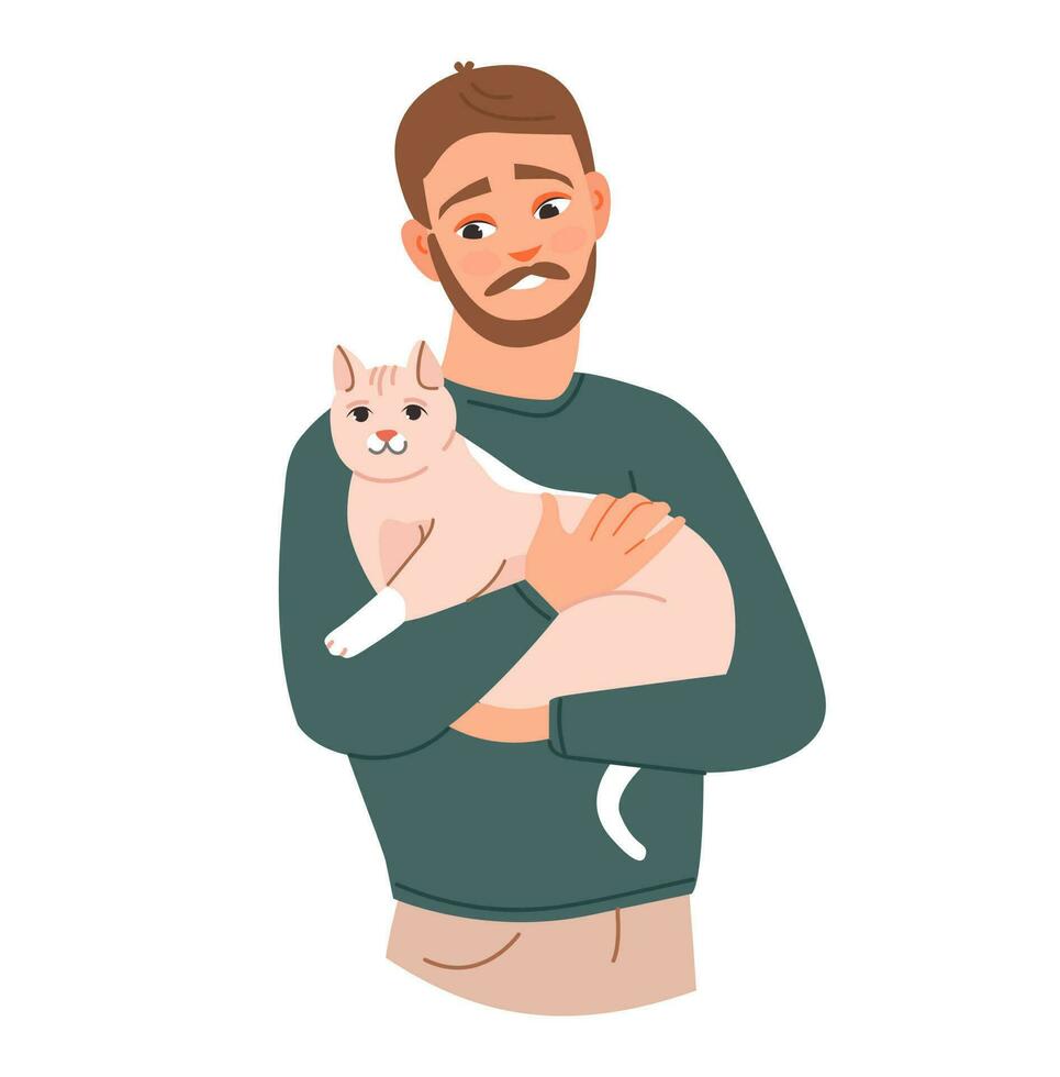 Haustier Eigentümer. ein Mann mit Katzen im seine Waffen. ein Person Umarmungen ein Haustier. eben Vektor Illustration.