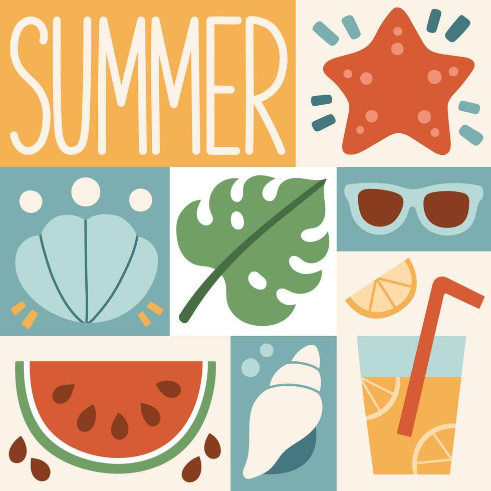 sommar grafisk affisch. sommar tid, bakgrund mönster på de tema av sommar, semester, helgen, strand. perfekt bakgrund för affischer, omslag konst, flygblad, baner. vektor illustration