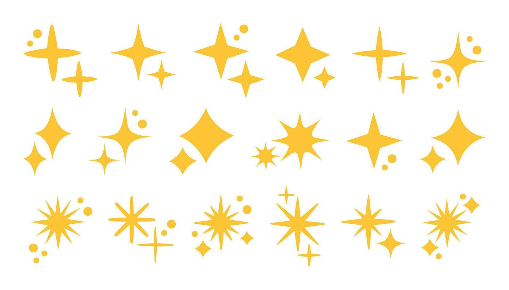 Gelb funkelt Satz, Vektor funkelnd Sterne, glänzend blitzt von Feuerwerk. einstellen von Star Elemente von verschiedene Formen. Vektor Illustration