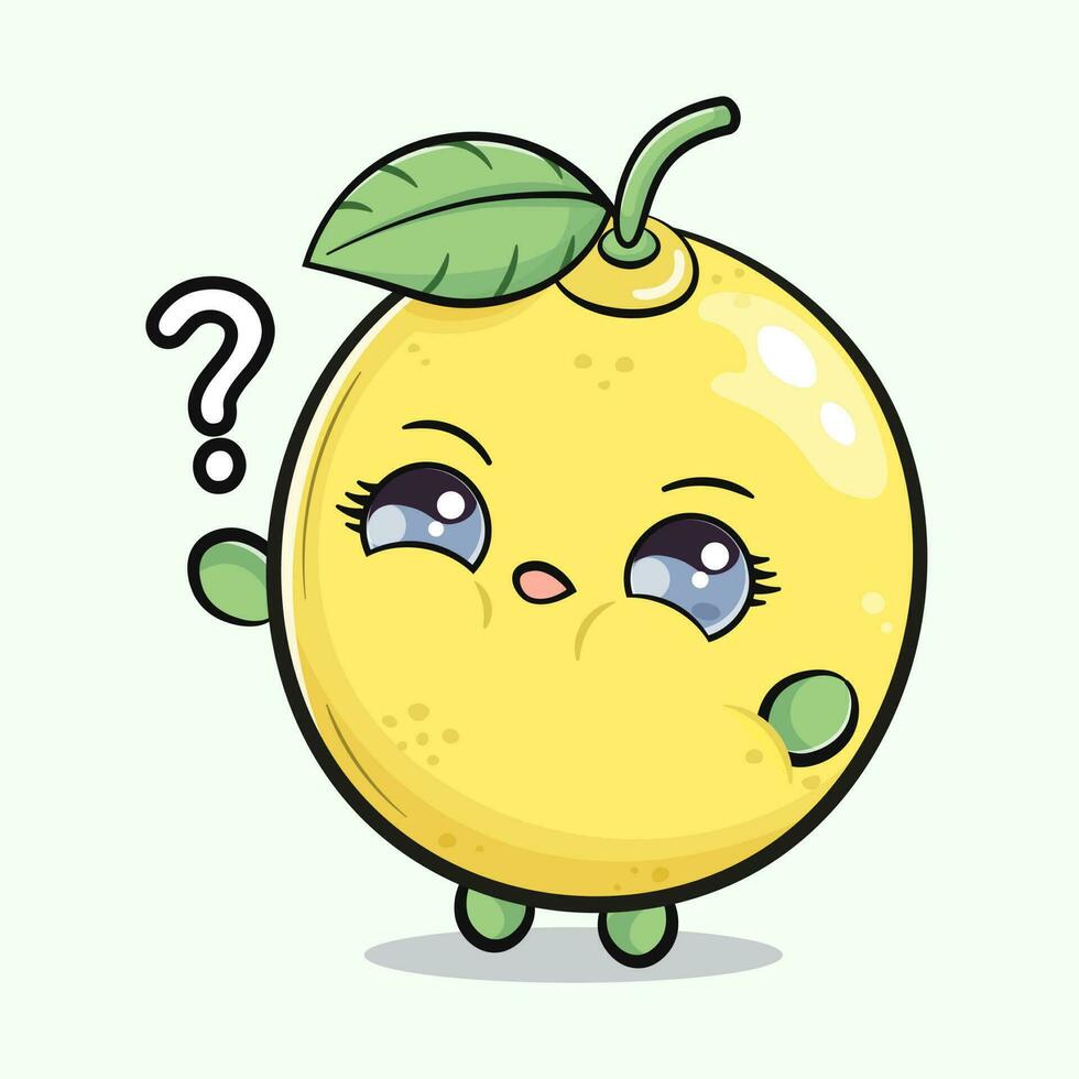 süß komisch Zitrone Obst und Frage markieren. Vektor Hand gezeichnet Karikatur kawaii Charakter Illustration Symbol. isoliert auf Grün Hintergrund. Zitrone Charakter Konzept