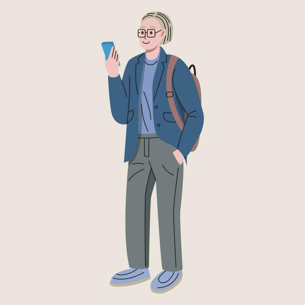 International weiblich Schüler mit Telefon und Rucksack. modisch Campus Jugend. eben Vektor Illustration