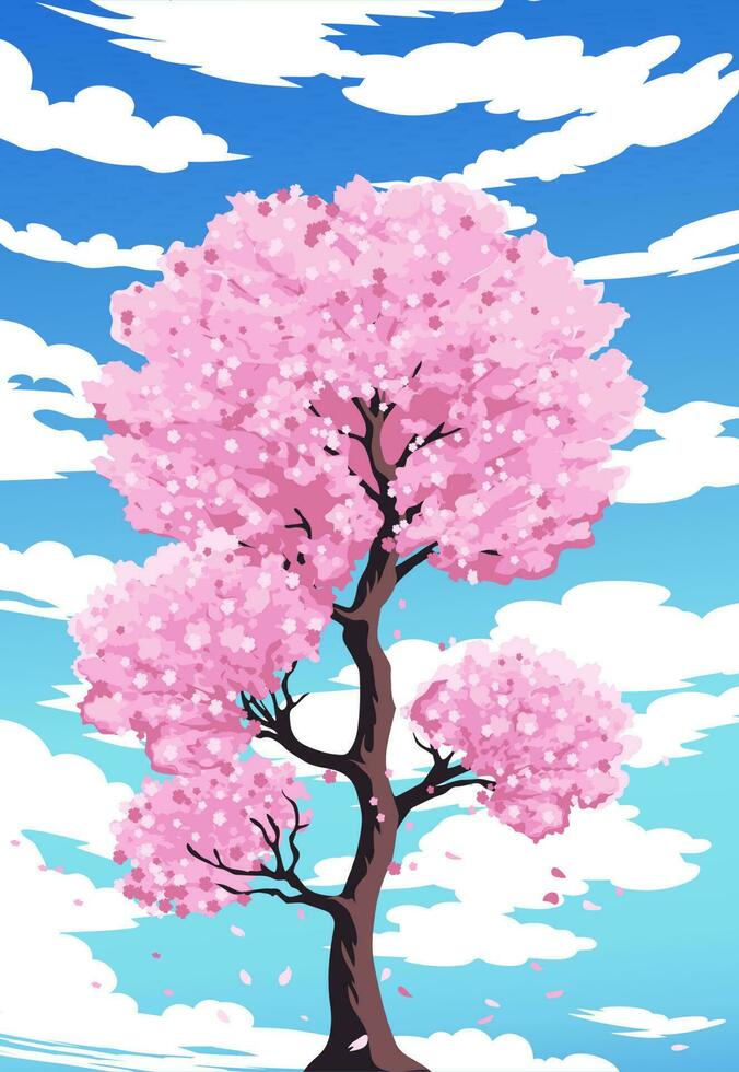 blomning sakura träd mot en blå himmel med moln. vektor