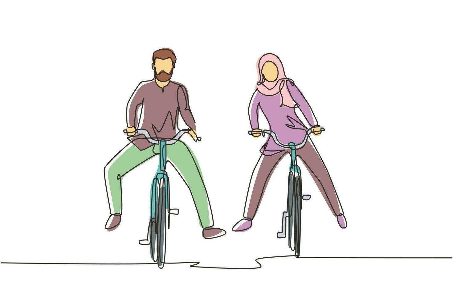 fortlaufende einzeilige zeichnung lustiges junges arabisches paar, das auf dem fahrrad fährt. romantisches Teenager-Paar fährt Fahrrad. junger Mann und verliebte Frau. glückliches Ehepaar. einzeiliges zeichnen design vektorgrafik vektor