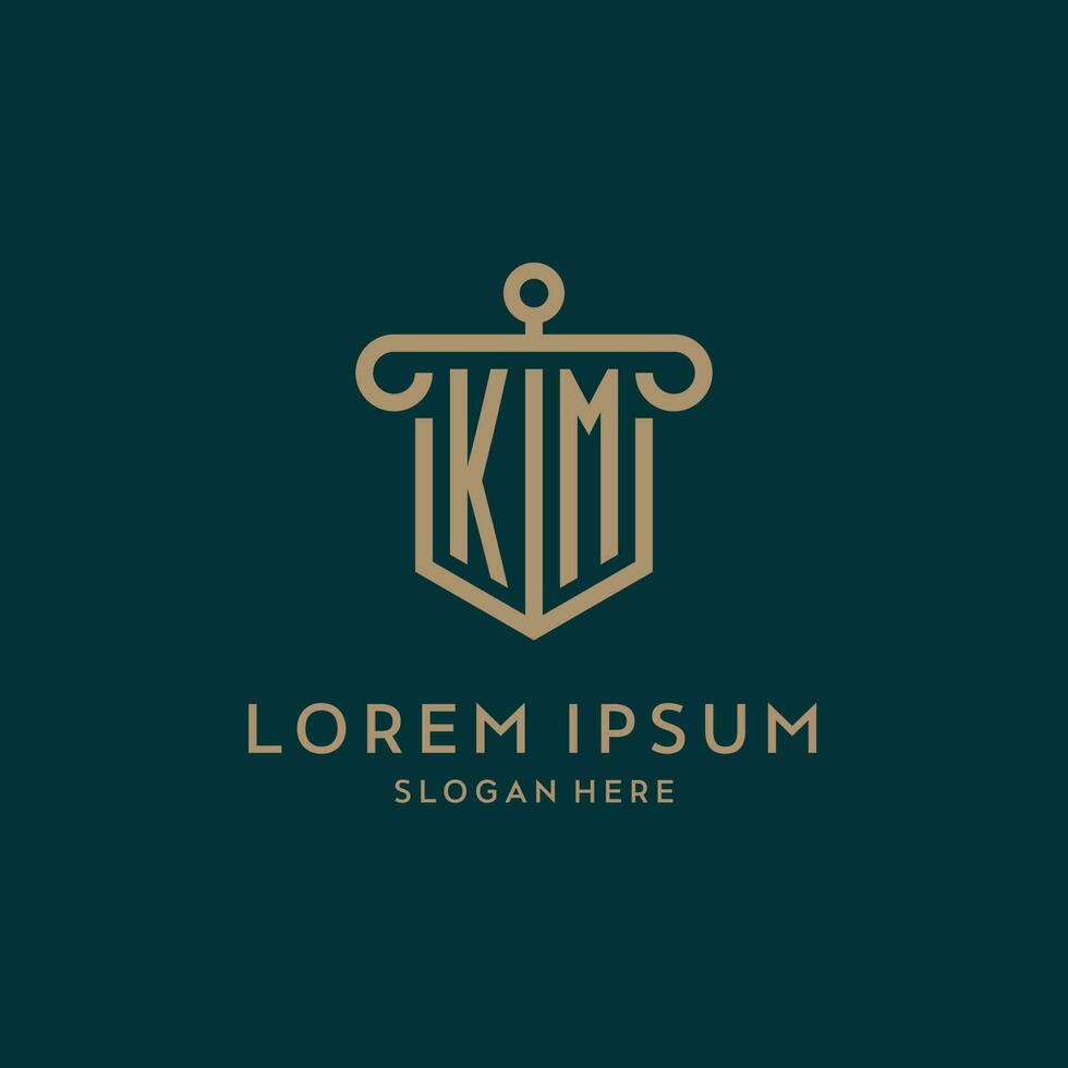 km Monogramm Initiale Logo Design mit Schild und Säule gestalten Stil vektor